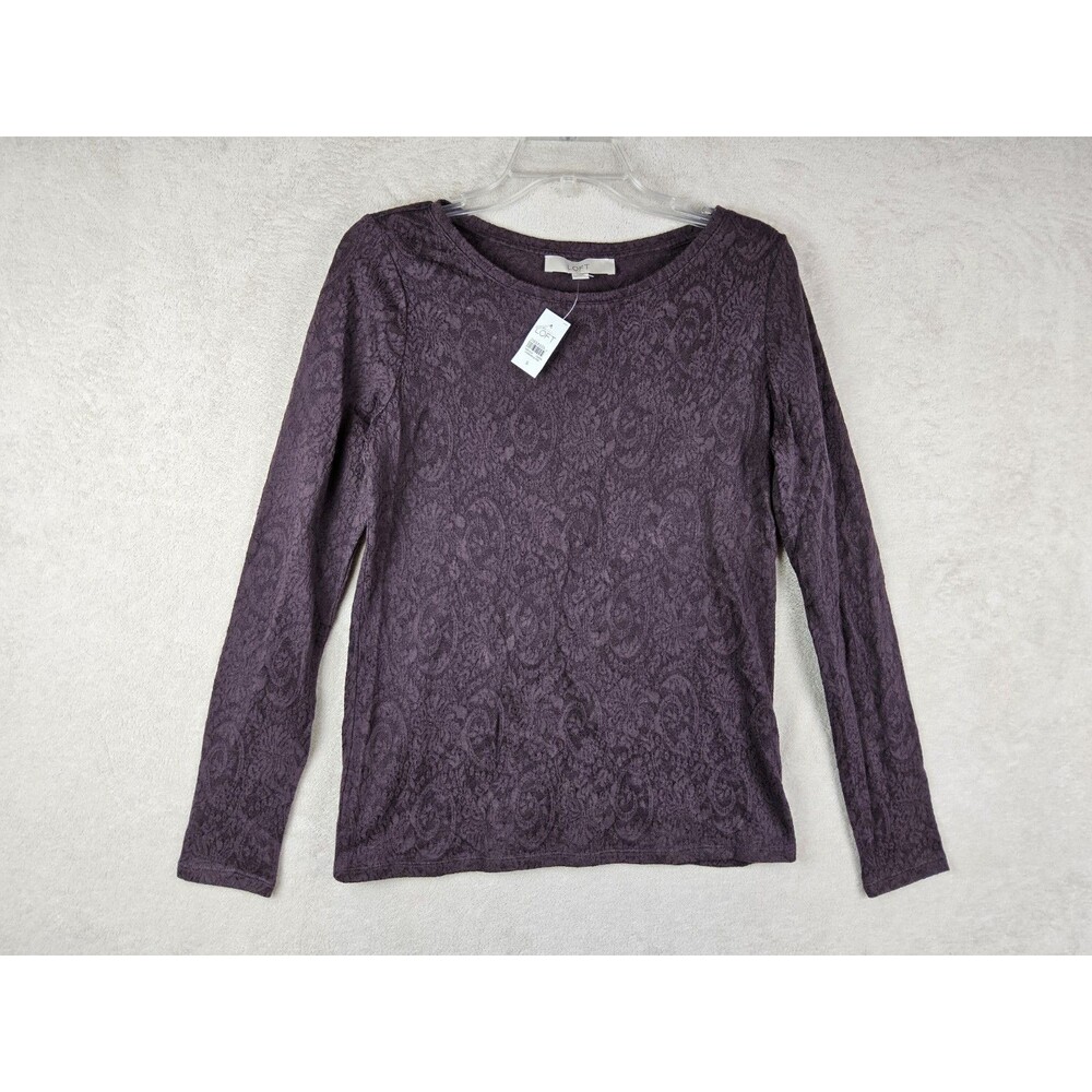 LOFT Women's Long Sleeve Knit Semi Sheer Top Eggplant Size S